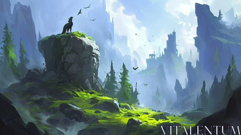 Majestic Wolf in a Fantasy Landscape | Digital Painting AI Image