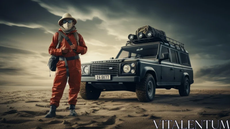 Man with Respirator in Desert Next to Land Rover Concept AI Image