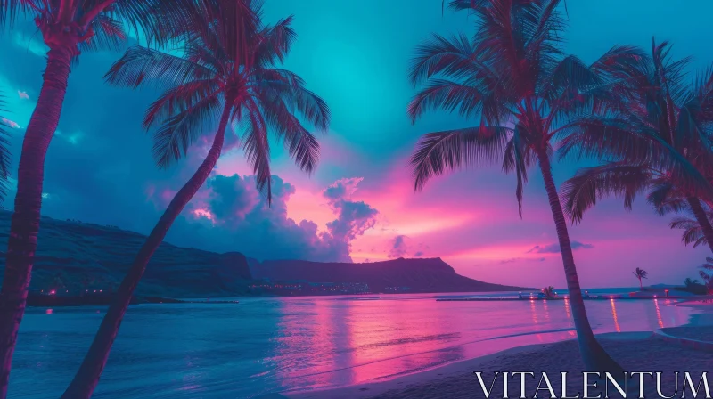 Neon Sunset on a Tropical Island Beach with Palm Trees AI Image