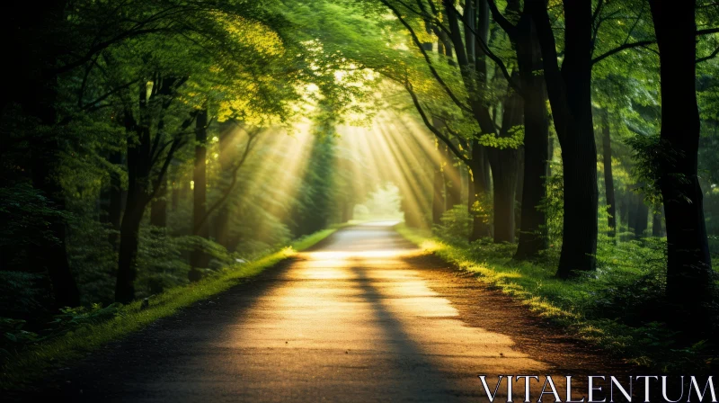 Sunlit Forest Road: A Celebration of Nature and Light AI Image