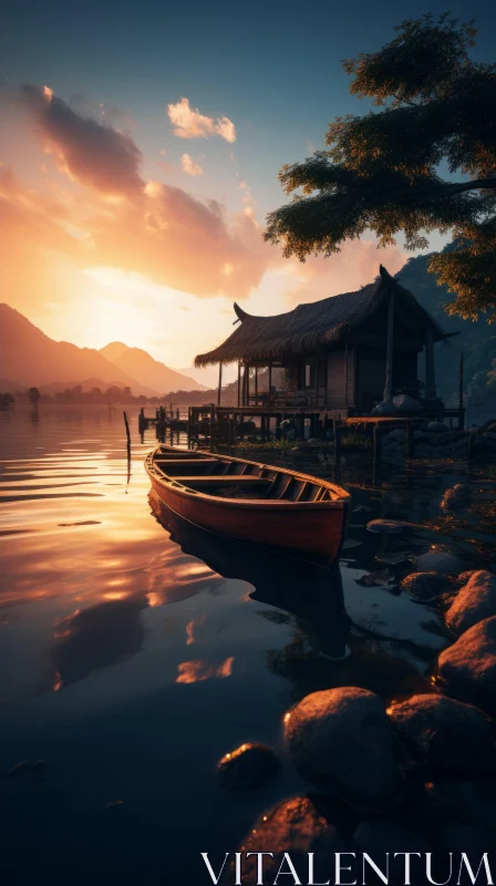 Tranquil Nature Art: Serene Boat on Shore | Indonesian Art Inspiration AI Image