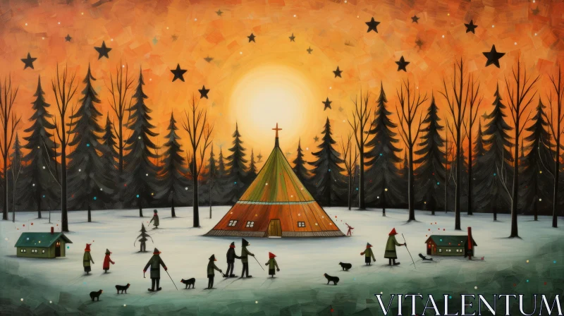 Whimsical Folk Art Illustration: Teepee with Children in Winter AI Image