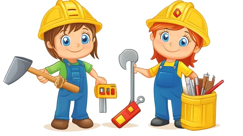 Illustration of Young Cartoon Builders