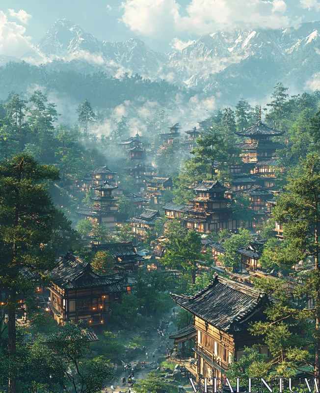 Picturesque Mountain Village with Pagodas AI Image