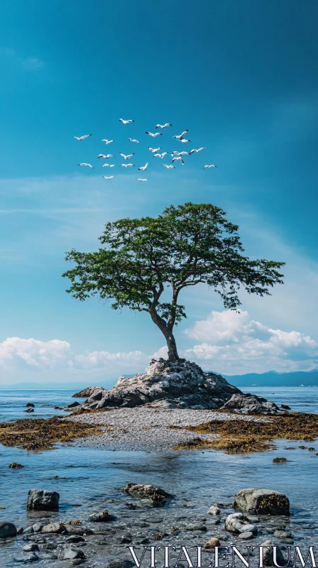 AI ART Isolated Tree on a Rocky Outcrop