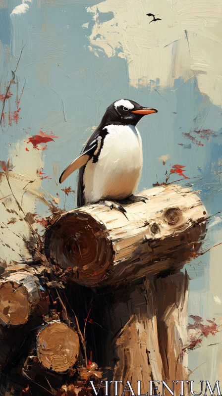 Penguin on Wood AI Image