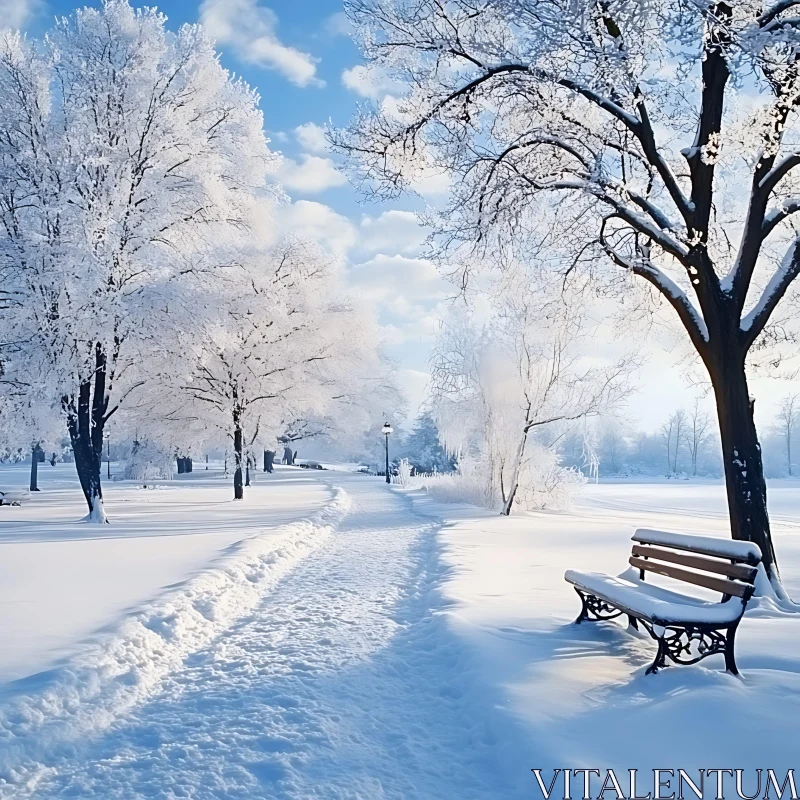 Snowy Winter Path Through Tranquil Park AI Image