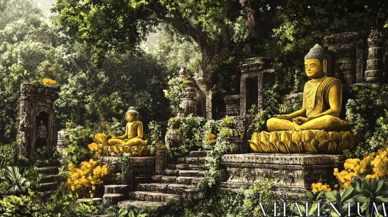 AI ART Golden Buddhas in Peaceful Nature Setting