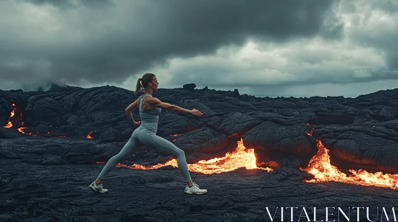 AI ART Woman Practicing Yoga on Volcanic Landscape