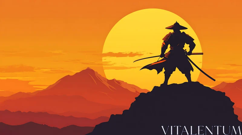 AI ART Silhouette of a Samurai at Sunset