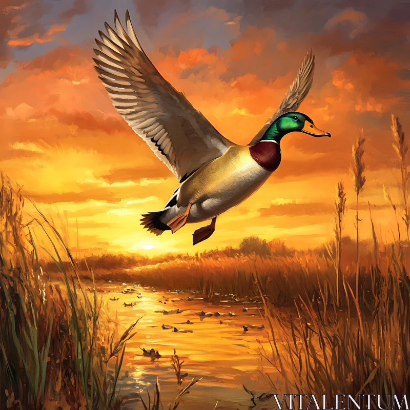 Soaring Duck Over Water at Dusk AI Image