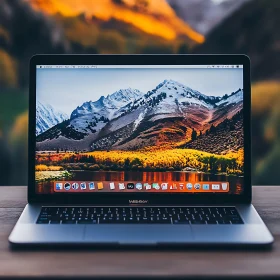 Laptop Displaying Vibrant Autumn Mountain Scene