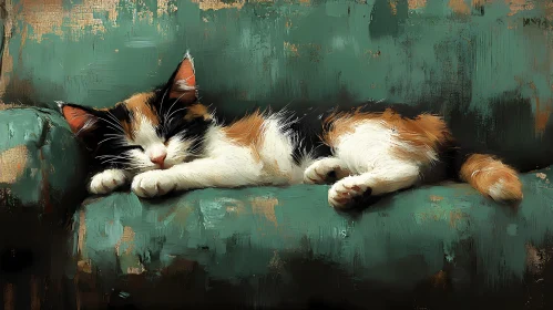 Artistic Calico Cat on Green Armchair