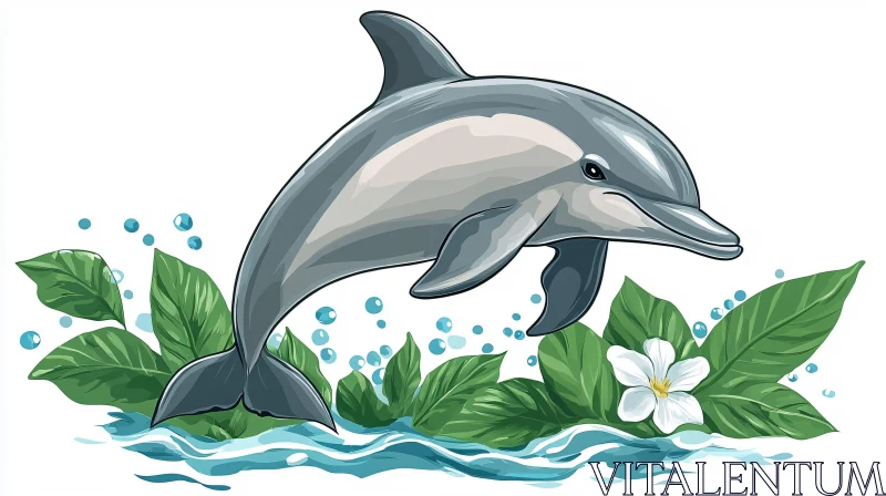 Dolphin and Tropical Leaves Art AI Image