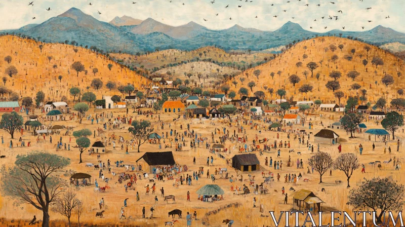 Bustling Village Scene Art AI Image