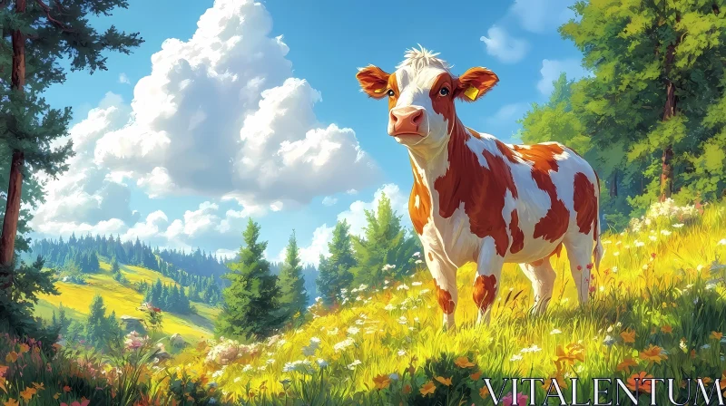 Pastoral Scene with Cow and Wildflowers AI Image