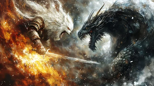 Dragon and Warrior Clash Fantasy Art