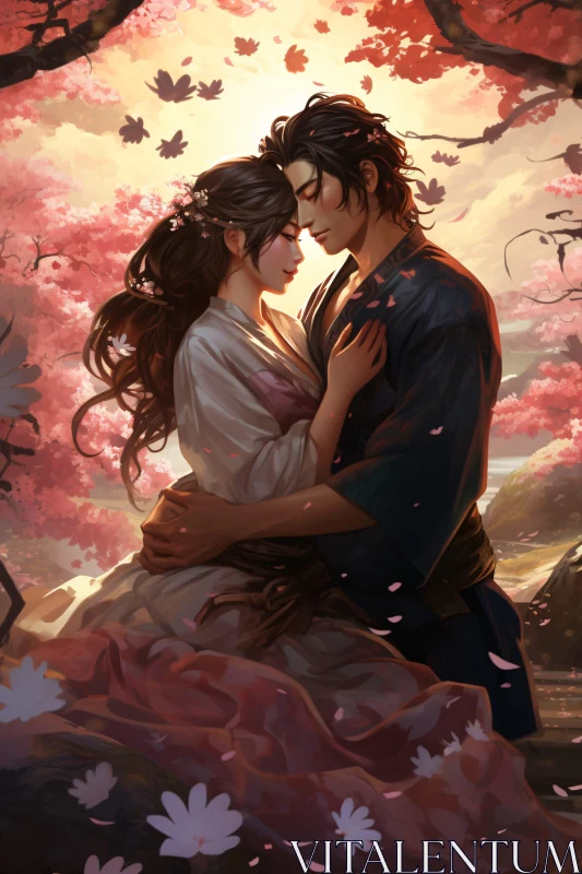 Couple's Serenade Beneath Blooming Trees AI Image