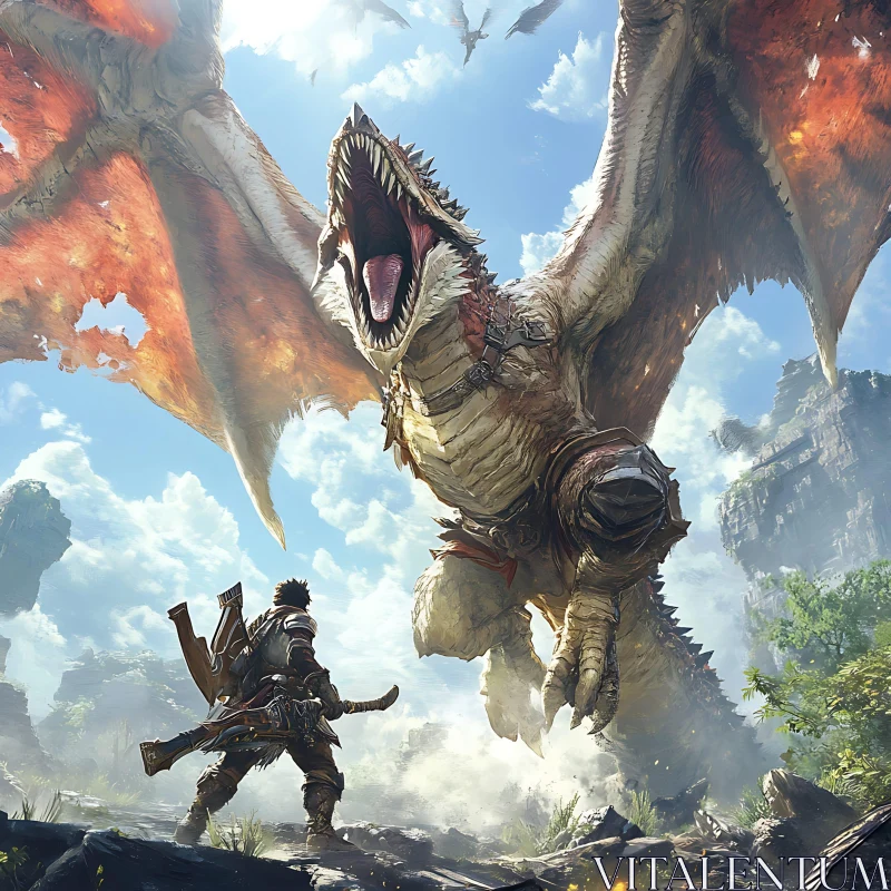 AI ART Warrior Facing Dragon in Fantasy Landscape