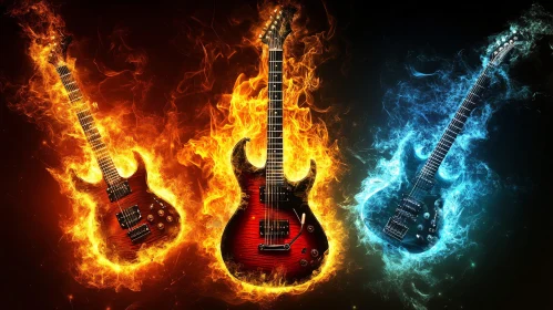 Flaming Guitars Art with Red and Blue Flames