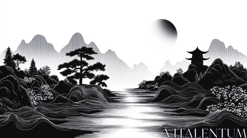 Black and White Asian Landscape AI Image