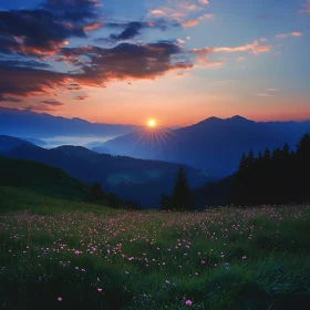Mountain Sunset with Flower Field