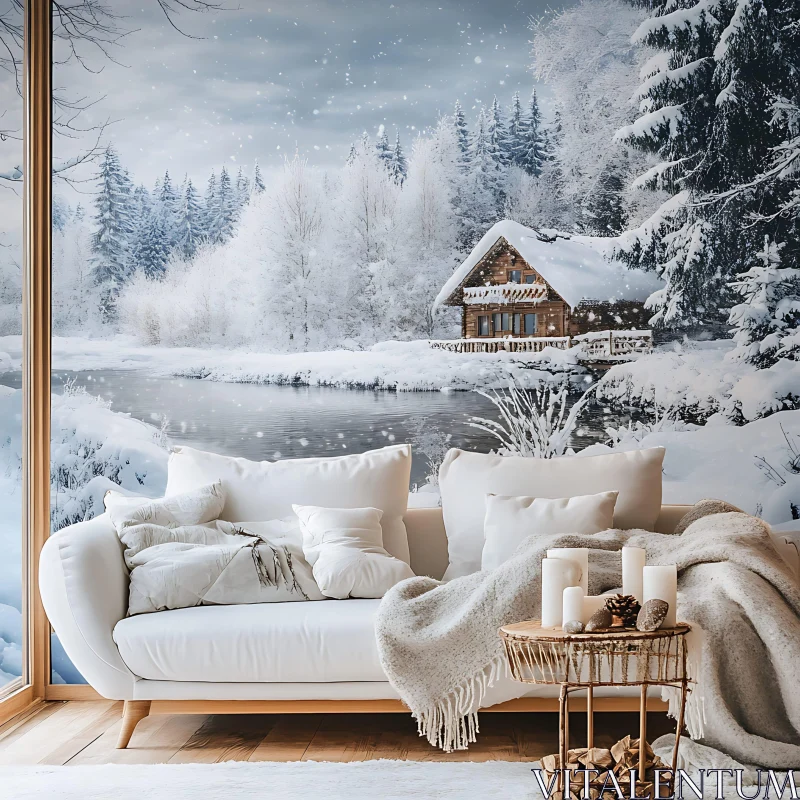 Warm Interior with Winter Landscape AI Image