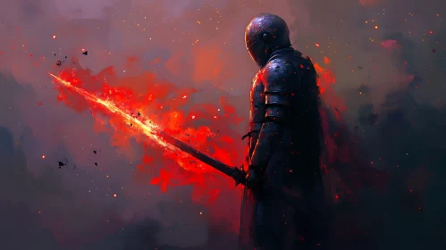 Warrior in Armor with Burning Blade