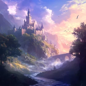 Picturesque Castle Overlooking River and Mountains