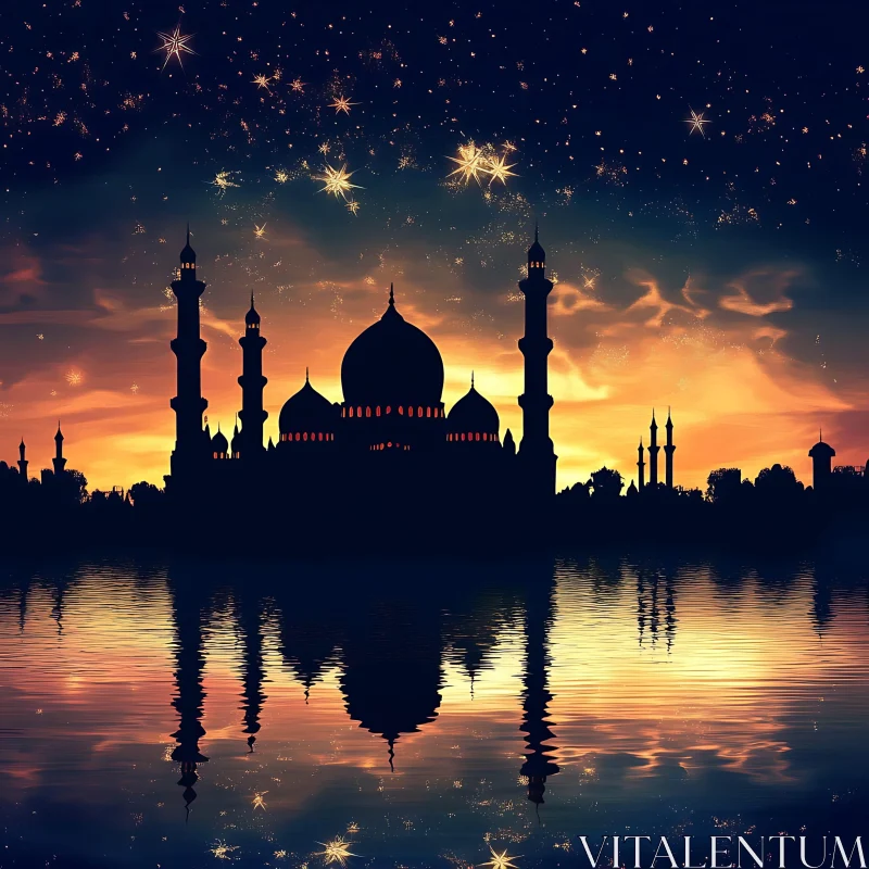 Serene Mosque Reflection Under Starry Twilight AI Image