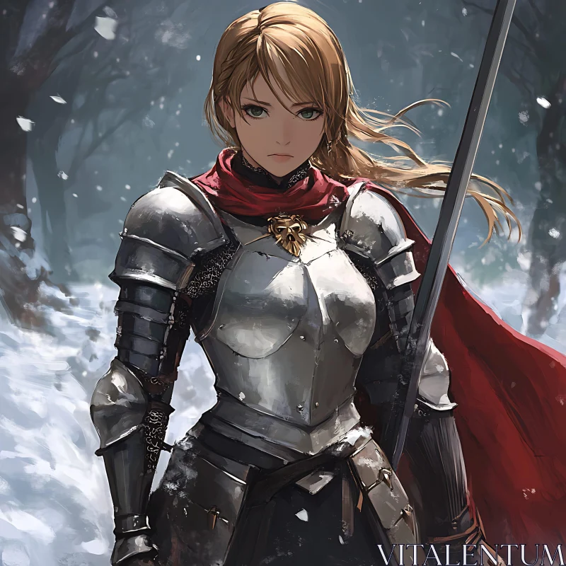 Female Knight in Snowy Forest AI Image