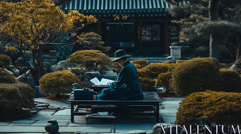 Man Writing in Tranquil Garden Setting AI Image