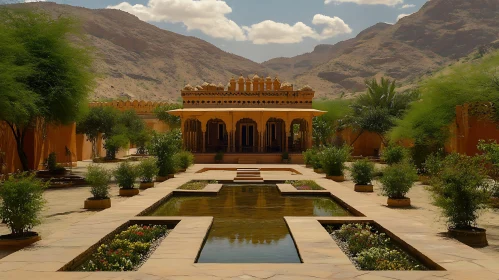 Reflecting Pool and Mountains in Courtyard