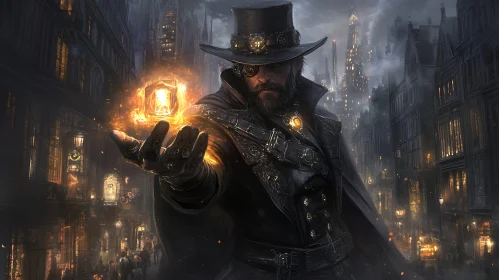 Enigmatic Figure with Glowing Artifact