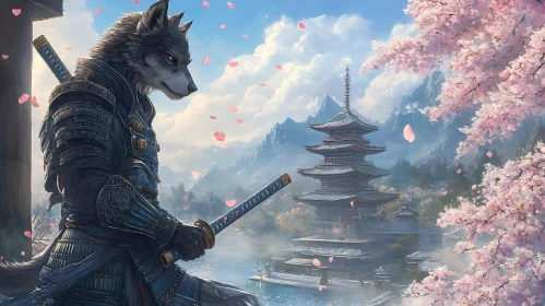 Samurai Wolf in a Blossoming Landscape