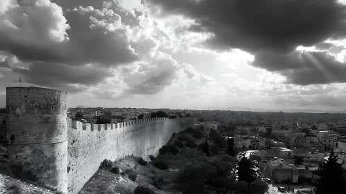 Monochrome Cityscape with Stone Wall