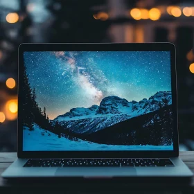 Starry Night Mountain Scene on Laptop Screen