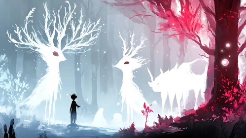 Child and Deer Spirits in Dreamlike Forest