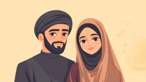 Cartoon Portrait of Serene Muslim Couple