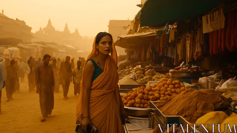 AI ART Dusty Market Scene with Woman in Traditional Dress