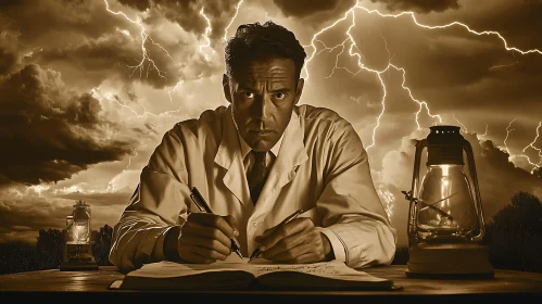 Scientist Writing During a Thunderstorm