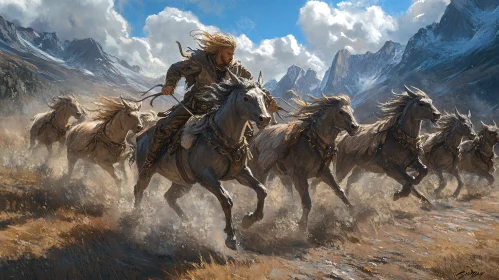 Man Leading Horses Through Mountains