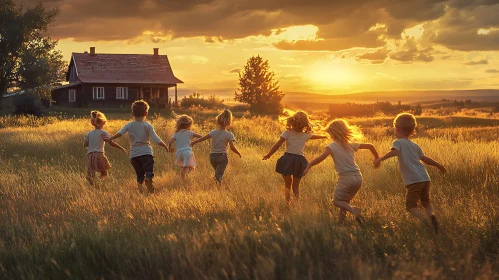 Kids playing in field at sunset