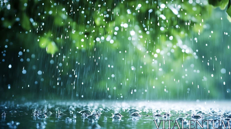 Tranquil Rain Shower on Green Foliage AI Image