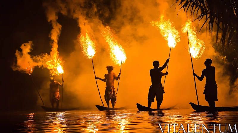 Silhouetted Figures with Torches on Canoes at Night AI Image