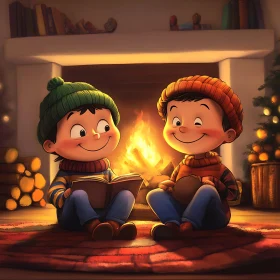 Kids Reading by Fireplace on Christmas