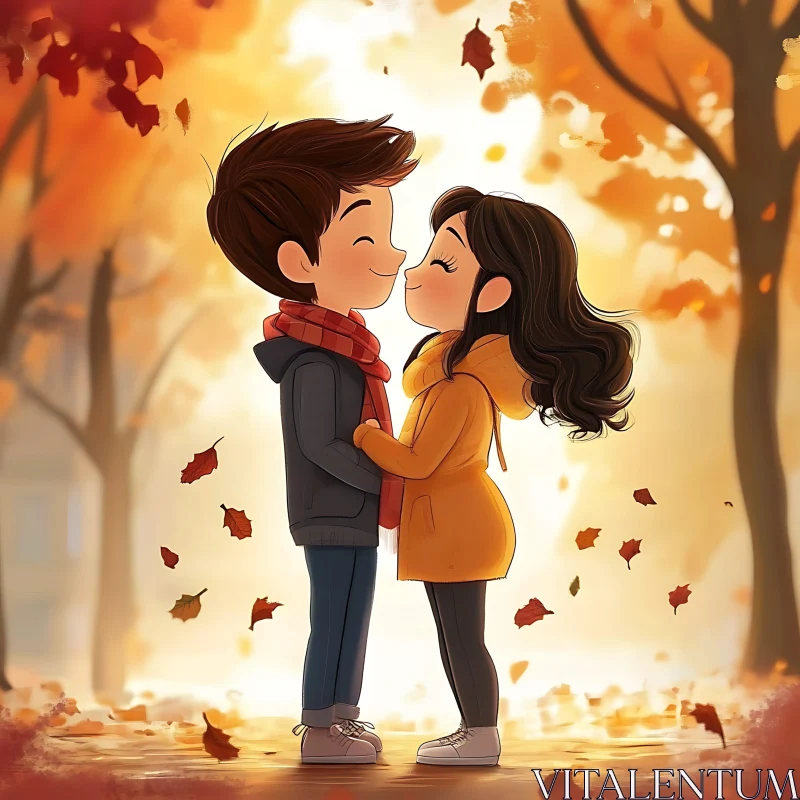 AI ART Cartoon Couple in Autumn Embrace