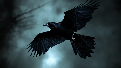 Black Raven Soaring Dark Sky