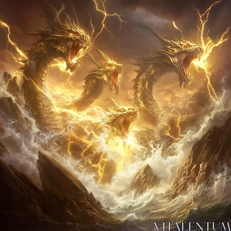 AI ART Three Headed Dragons Rising from the Ocean