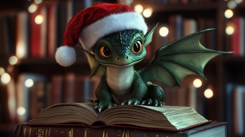 Whimsical Dragon in Santa Hat on Book